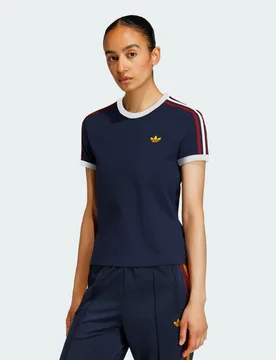 Womens 3 Stripes Slim Tee - Navy Cotton - Size Medium - adidas Originals - FashionsVida