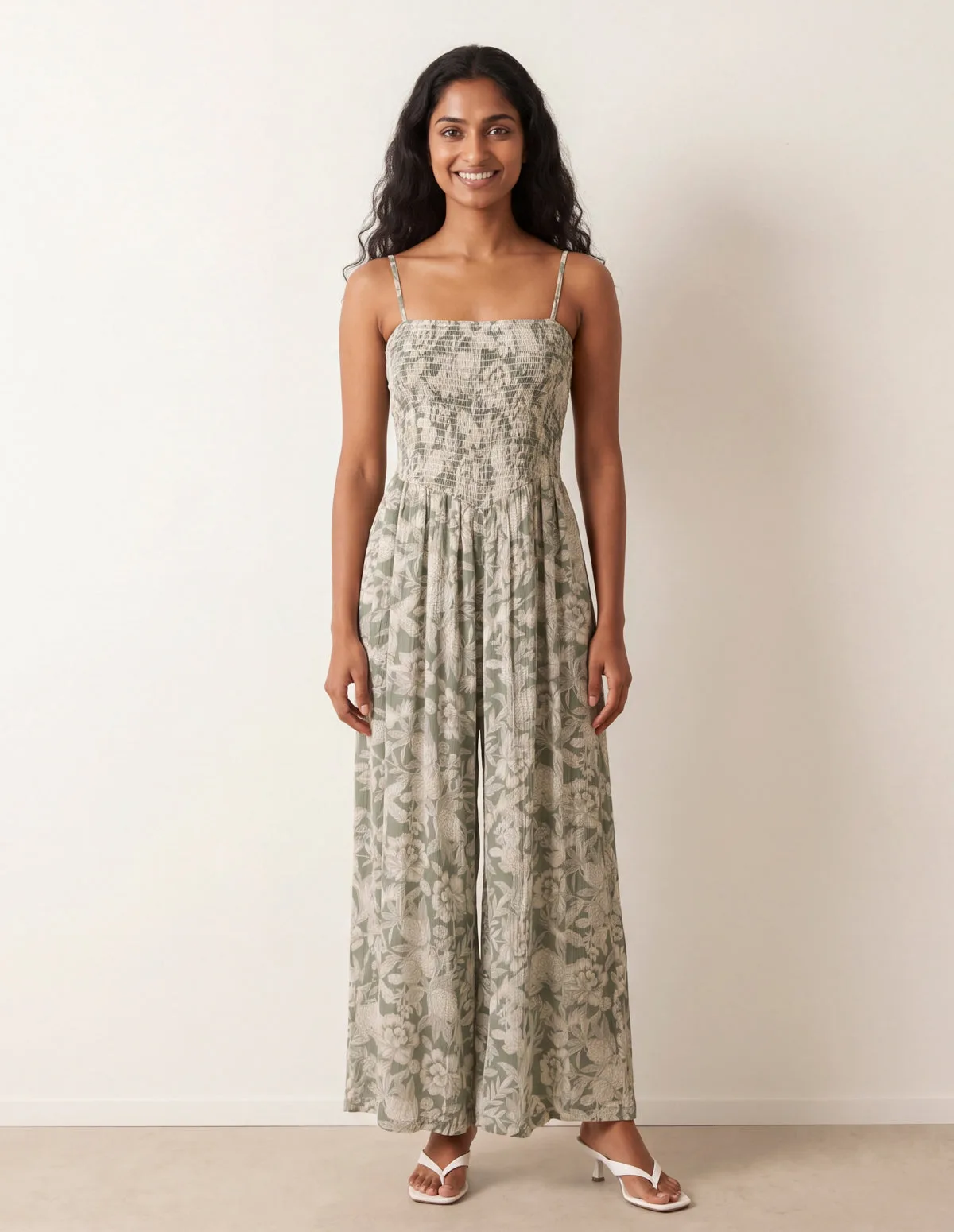 Crinkle Shirred Strappy Jumpsuit - M/L / SAGE - female - Blue Vanilla - FashionsVida