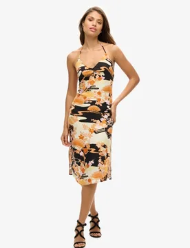 Superdry Damen Midi-kleid mit Print und Nackenträger Gold/schwarz - Größe: 44 - 89.99 - FashionsVida