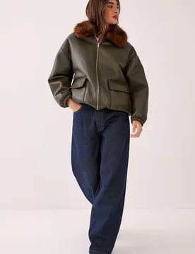 Womens Pu Oversized Faux Fur Collar Bomber Jacket - Khaki - Size 8 Uk - Nastygal - FashionsVida