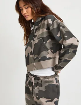 Womens Camo Print Fitted Zip Through Crop Hoodie - Khaki Cotton - Size Large - Boohoo - FashionsVida