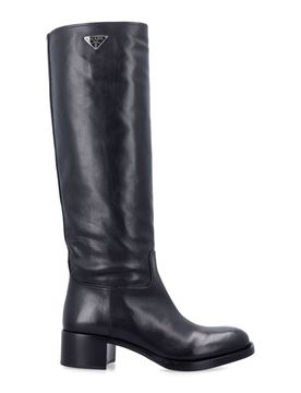 Tall Leather Riding Boots with Enameled Triangle Logo & Low Block Heel