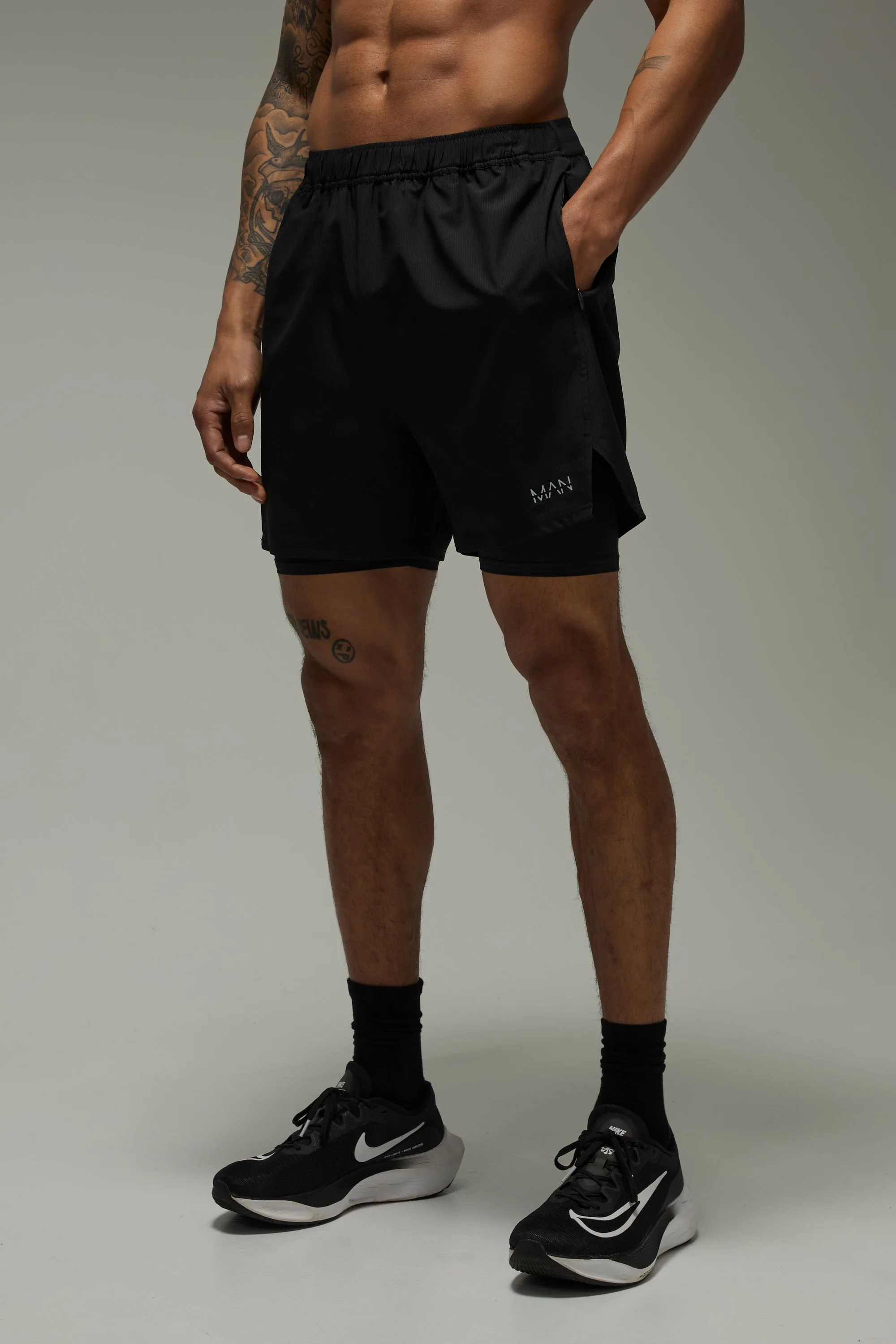 Mens Man Active 2 In 1 Stretch Woven Ripstop Short - Black - Size Small - boohooMAN - FashionsVida