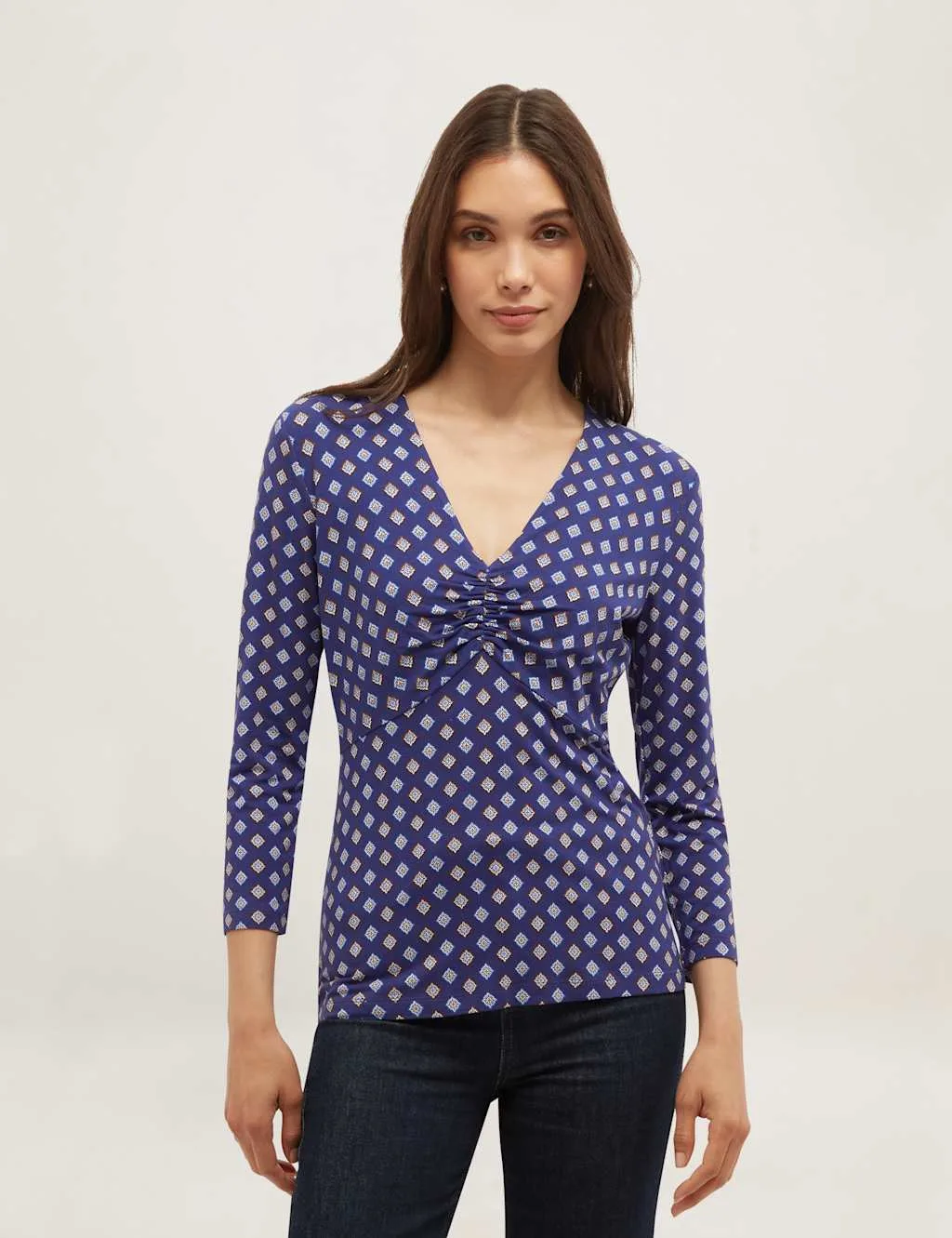 Printed Ruched V-Neck Top Blue Mix female - Hobbs - FashionsVida