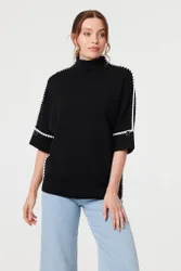 Womens Black Contrast Trim 3/4 Sleeve Jumper - Size Medium/large