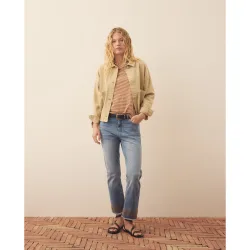 Pantalón 5 bolsillos denim bajo bordado de mujer