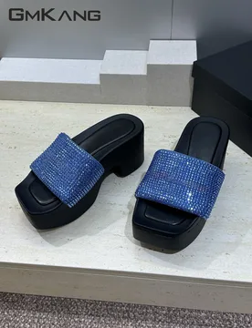 Women Rhinestone Platform Mules Slides Square Open Toe Chunky Wedge Heel Slippers Summer Fashion Sparkly Beach Party Sandals - Aliexpress - FashionsVida