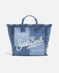 Borsa Vanity in denim patchwork di cotone con scritta logo bianca stampata e frange lungo i profili