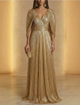 QMANSHA Custom Gold Sequin Pleated Evening Dress Cape Sleeve V-Neck A-Line Formal Prom Gown Plus Size for Women Party Dress - Aliexpress - FashionsVida