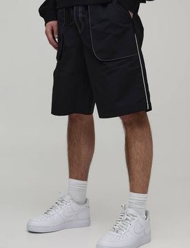 Herren Weite Lange Nylon-Shorts Mit Kontrastnähten Black Größe Medium