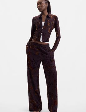 Pantalón Largo Flocado, Mujer, Poliester, MarróN, XS