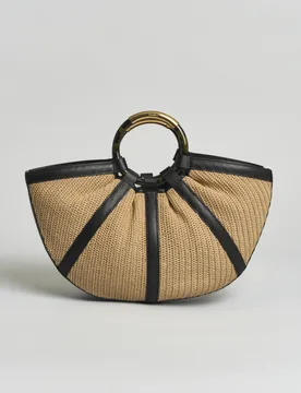 Borsa a mano Shell Medium in rafia e pelle nera con manici tondi - Coccinelle - FashionsVida