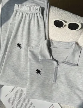 Set de 2 piezas de sudadera informal para adolescentes, sudadera corta con cremallera y cuello de contraste gris de manga corta, emparejada con pantal - Shein - FashionsVida