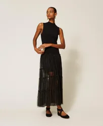 Robe longue sans manches en maille et tulle plumetis