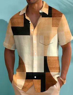 Camisa de manga corta con bolsillo, ligera, transpirable y de secado rápido, con estampado digital 3D de bloques de color geométricos retro, talla g - Shein - FashionsVida