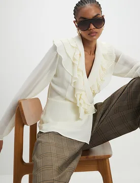 Womens Blouse Cream Long Sleeve Wrap Ruffle - Size 8 Uk - River Island - FashionsVida