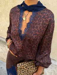 Leopard Print V-Neck Lace Detail Batwing Top Multi female