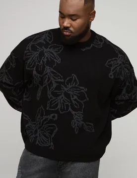 Herren Plus Boxy Oversized Fluffy Floral Jacquard Strickpullover Black Größe 2XL - boohooMAN - FashionsVida