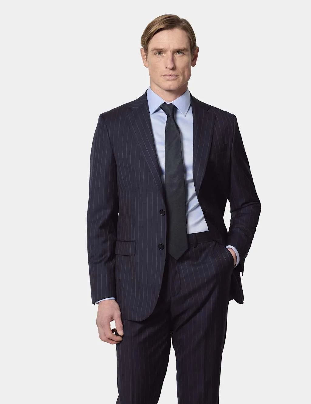 Pure Wool Chalk Stripe Suit Jacket Navy male - Hawes & Curtis - FashionsVida