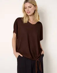 Chiffon Tie Knot Plain Top - M/L / CHOCOLATE - female