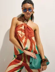 Swirl Print Halter Neck Wrap Top Orange Mix female