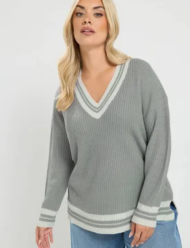 Knitted Tennis Jumper - Light Grey - Size: 26-28 - Yours - FashionsVida