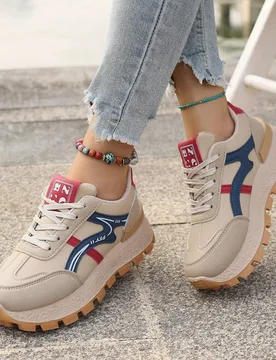 Zapatillas de mujer con cordones, zapatos casuales de suela gruesa, calzado deportivo ligero, versátil y cómodo, adecuado para primavera/otoño - Shein - FashionsVida