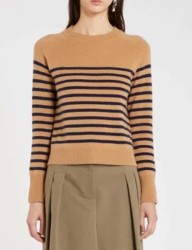 Maglia color cammello a righe blu in lana e cashmere con scollo tondo - Marella - FashionsVida