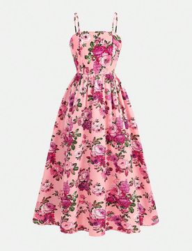 Vestido de media longitud sin mangas con estampado floral diminuto para niña preadolescente, rosa pastel