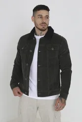 Mens Khaki 'Prestwich' Borg Collar Cord Jacket - Size Small