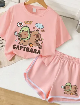 Piezas/Set Camiseta con estampado de Capibara + Conjunto de pantalones cortos para niñas mayores, lindo, suave y cómodo para uso diario - Shein - FashionsVida