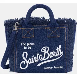 Bolso mini de tejido canvas en denim con asas de mano y logo a contraste y bandolera y flecos en la parte superior