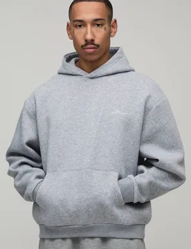 Men's Oversized Boxy Man Signature Embroidered Hoodie Grey Marl Size Medium Grey Marl M - boohooMAN - FashionsVida