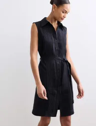 Pure Linen Pleated Knee Length Shirt Dress Navy female