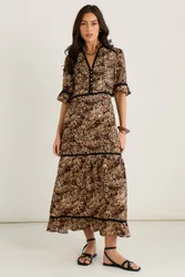 Women's Brown Animal Print Lace Trim Tiered Midi Dress Size: 16 - Brown - Size: 16