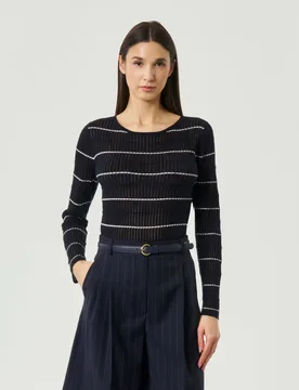 Maglia blu a righe bianche Studio in lana e seta lavorata a coste piatte - Max Mara - FashionsVida