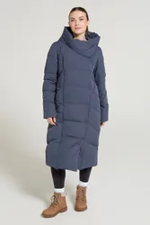 Womens Cosy Wrap Long Down Jacket Water Resistant Hooded Full Zip Winter Coat Blue - Size 18 Uk