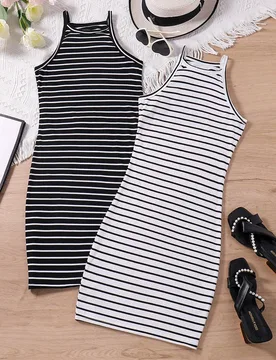 Conjunto de vestido básico de 2 piezas con rayas para adolescentes - Shein - FashionsVida