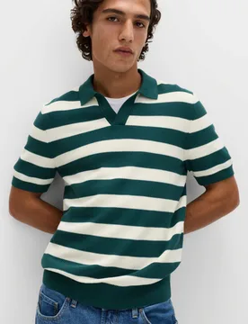 Pure Cotton Striped Knitted Polo Shirt Green Mix male - M&S - FashionsVida