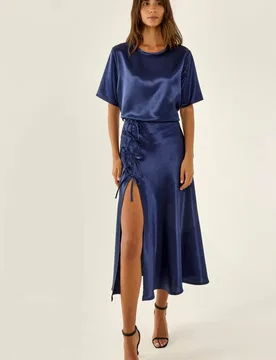 Womens Satin Crew Neck Short Sleeve Blouse - Blue - Size 2xs - Hiccup - FashionsVida