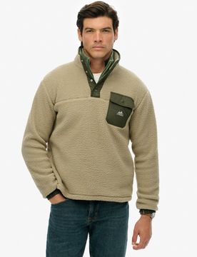 Superdry Herren Logo Abzeichen Fuji Fleece Mit Druckknopfkragen, Beige & Grün - Größe: M