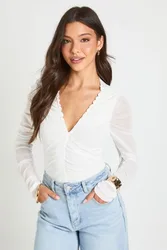 Womens Mesh Ruched Neckline Long Sleeve Bodysuit - White Elastane - Size 16 Uk