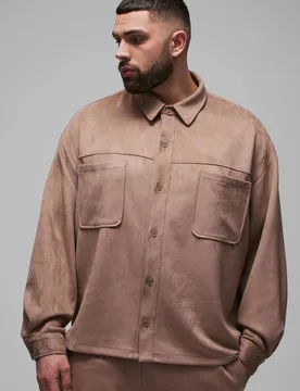 Herren Plus Kunstwildleder Oversized Hemd Taupe Größe 3XL - boohooMAN - FashionsVida