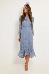 Womens Lace High Neck Ruffle Midi Dress - Blue Cotton - Size 20 Uk