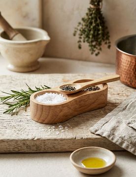 Supporto in legno per spezie con cucchiaino - beige