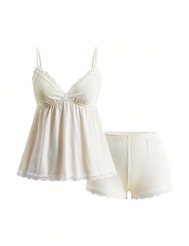 Conjunto de pijama casual con top de camisola de encaje acanalado y shorts