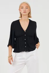 Womens Black V-Neck Button Down Top With Lace Detail - Size Medium