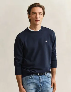 Cotton Rich Logo Crew Neck Sweatshirt Navy male - Gant - FashionsVida