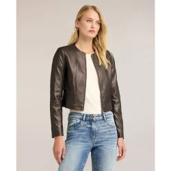 Chaqueta de mujer sin cuello con cremallera corte corto ajuste regular