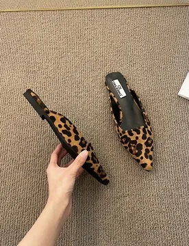 Women Slippers Pointed Toe Leopard Design Shallow Slip on Thin Low Heels Black Flock Design Casual Mules Loafers Black Outdoor - Aliexpress - FashionsVida
